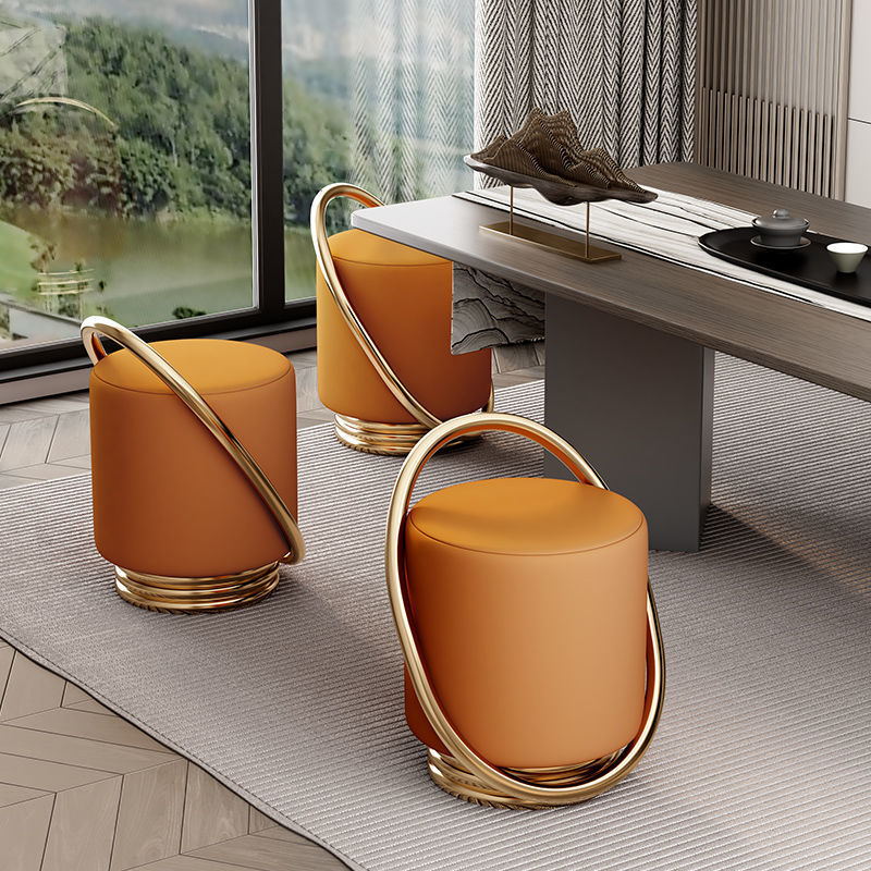 Contemporary Nordic Cylinder Iron Synthetic Leather Vanity Stool Backless Armless For Bedroom