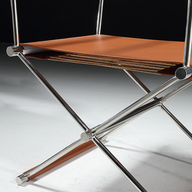 Modern Minimalist Square Cross Faux Saddle Leather Stainless Steel Dining Chair Backrest Armrest For Dining Room
