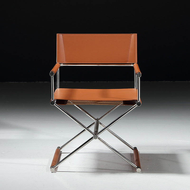 Modern Minimalist Square Cross Faux Saddle Leather Stainless Steel Dining Chair Backrest Armrest For Dining Room