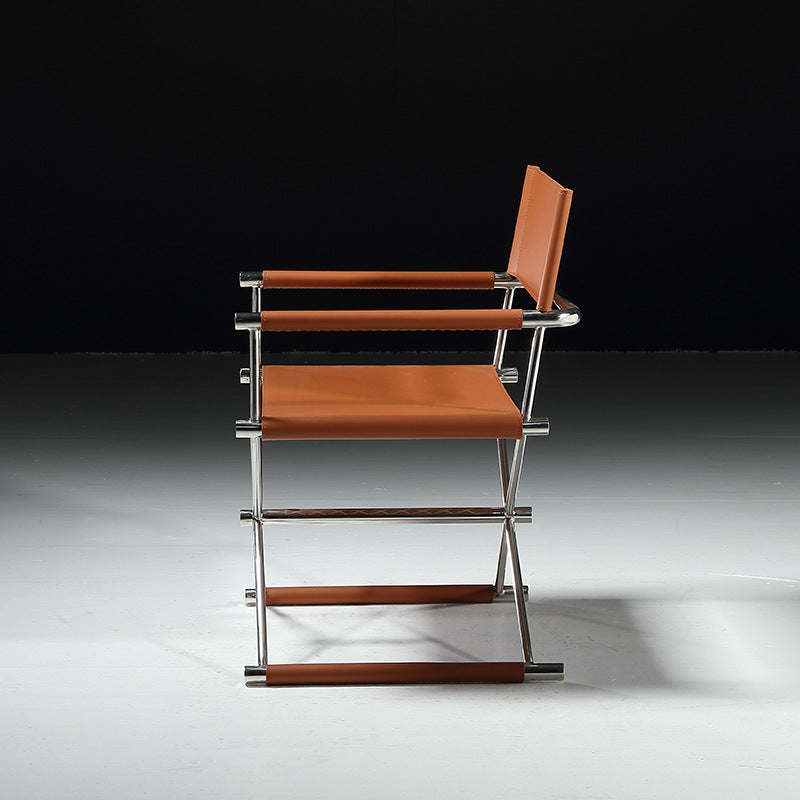 Modern Minimalist Square Cross Faux Saddle Leather Stainless Steel Dining Chair Backrest Armrest For Dining Room