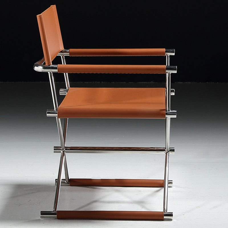 Modern Minimalist Square Cross Faux Saddle Leather Stainless Steel Dining Chair Backrest Armrest For Dining Room