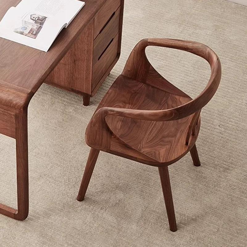 Traditional Japanese Full Walnut Curved Dining Chair Backrest Armrest For Dining Room