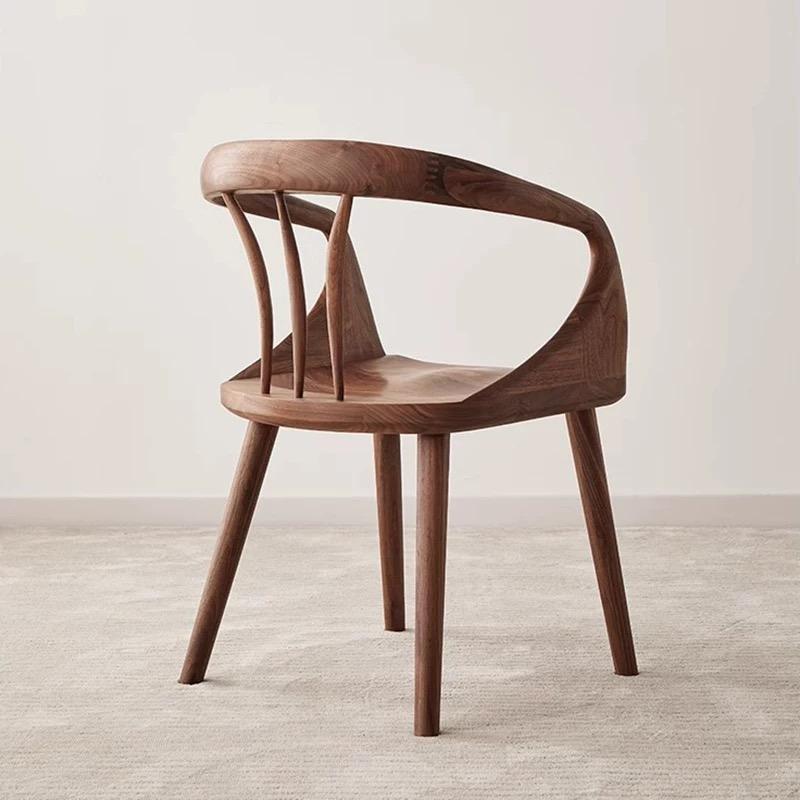 Traditional Japanese Full Walnut Curved Dining Chair Backrest Armrest For Dining Room