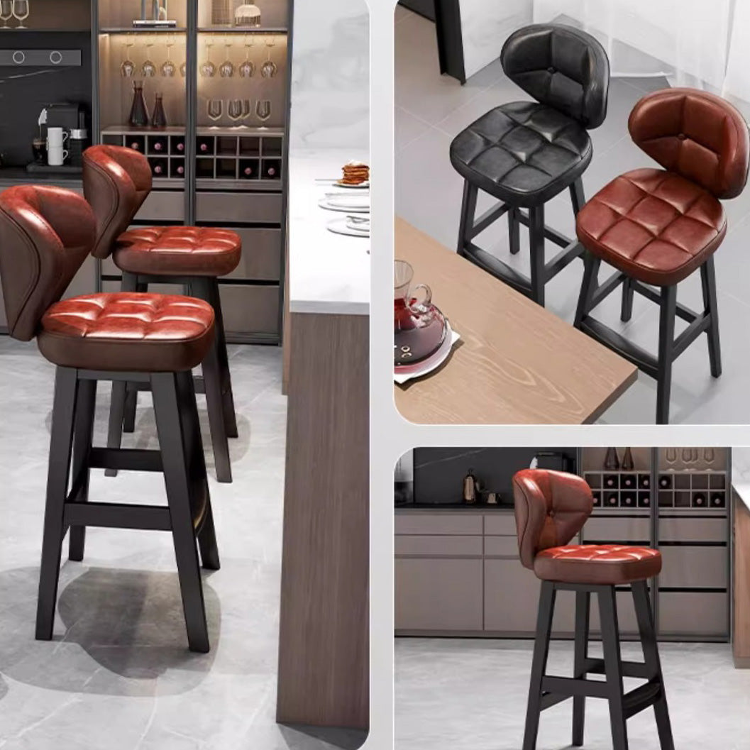 Contemporary Scandinavian Square Faux Oil Wax Leather Solid Wood Bar Stool Backrest Armless For Dining Room