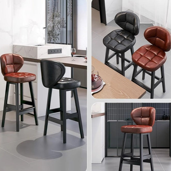 Contemporary Scandinavian Square Faux Oil Wax Leather Solid Wood Bar Stool Backrest Armless For Dining Room