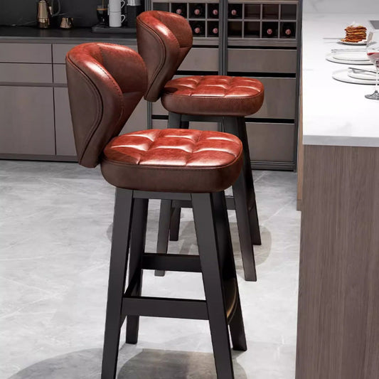 Contemporary Scandinavian Square Faux Oil Wax Leather Solid Wood Bar Stool Backrest Armless For Dining Room