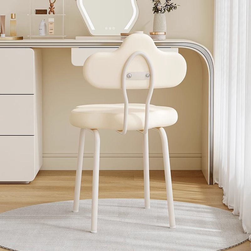 Contemporary Nordic Cream Flower Cloud Iron Faux Leather Vanity Stool Backrest Armless For Bedroom