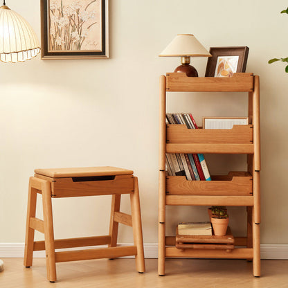 Traditional Japanese Square Cherry Wood Stackable Storage Dining Chair Backless Armless For Dining Room