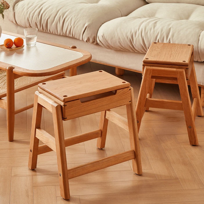 Traditional Japanese Square Cherry Wood Stackable Storage Dining Chair Backless Armless For Dining Room