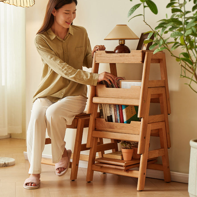 Traditional Japanese Square Cherry Wood Stackable Storage Dining Chair Backless Armless For Dining Room