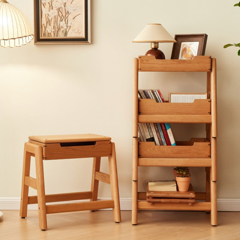 Traditional Japanese Square Cherry Wood Stackable Storage Dining Chair Backless Armless For Dining Room