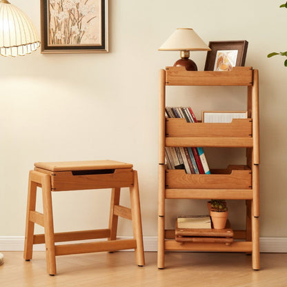 Traditional Japanese Square Cherry Wood Stackable Storage Dining Chair Backless Armless For Dining Room