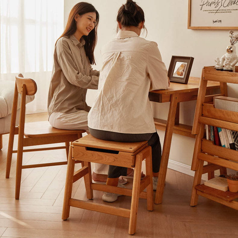 Traditional Japanese Square Cherry Wood Stackable Storage Dining Chair Backless Armless For Dining Room