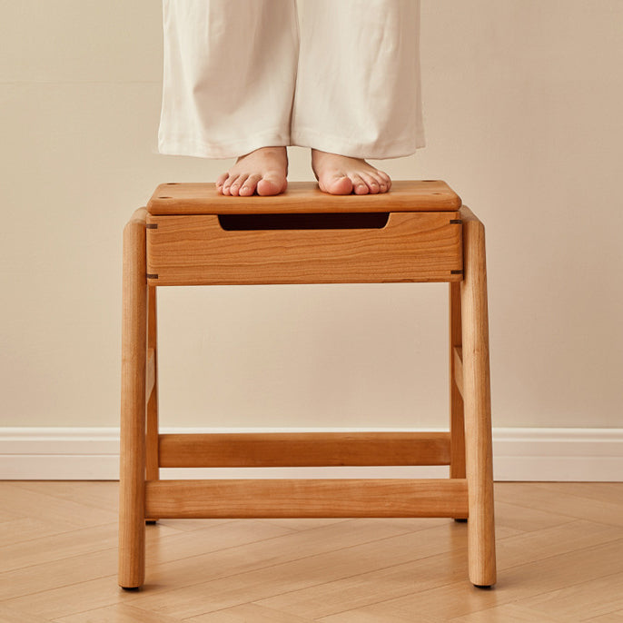 Traditional Japanese Square Cherry Wood Stackable Storage Dining Chair Backless Armless For Dining Room