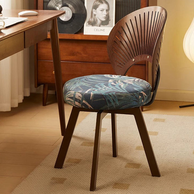 Traditional French Shell Round Cotton Linen Solid Wood Swivel Dining Chair Backrest Armless For Dining Room