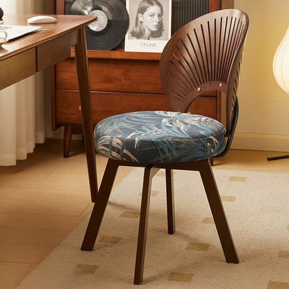 Traditional French Shell Round Cotton Linen Solid Wood Swivel Dining Chair Backrest Armless For Dining Room