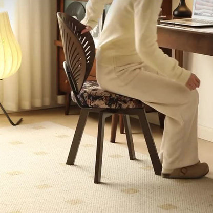 Traditional French Shell Round Cotton Linen Solid Wood Swivel Dining Chair Backrest Armless For Dining Room