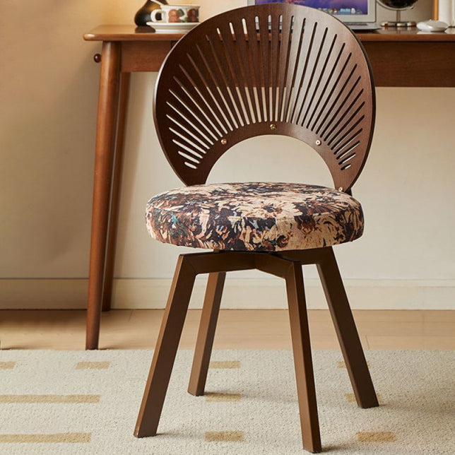 Traditional French Shell Round Cotton Linen Solid Wood Swivel Dining Chair Backrest Armless For Dining Room