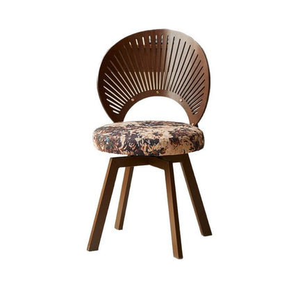 Traditional French Shell Round Cotton Linen Solid Wood Swivel Dining Chair Backrest Armless For Dining Room