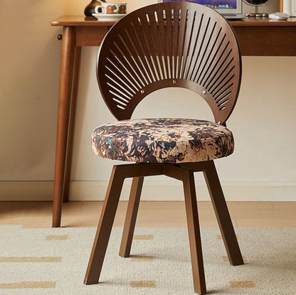 Traditional French Shell Round Cotton Linen Solid Wood Swivel Dining Chair Backrest Armless For Dining Room