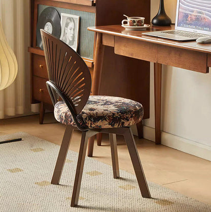 Traditional French Shell Round Cotton Linen Solid Wood Swivel Dining Chair Backrest Armless For Dining Room