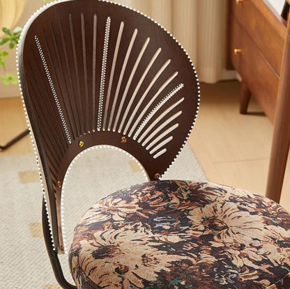 Traditional French Shell Round Cotton Linen Solid Wood Swivel Dining Chair Backrest Armless For Dining Room