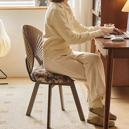 Traditional French Shell Round Cotton Linen Solid Wood Swivel Dining Chair Backrest Armless For Dining Room