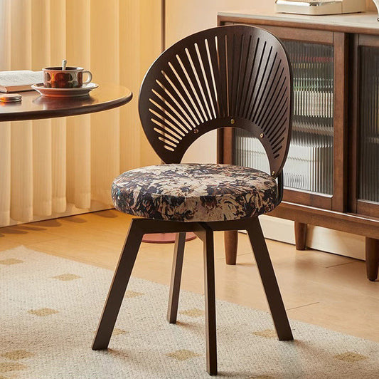 Traditional French Shell Round Cotton Linen Solid Wood Swivel Dining Chair Backrest Armless For Dining Room