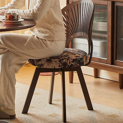 Traditional French Shell Round Cotton Linen Solid Wood Swivel Dining Chair Backrest Armless For Dining Room