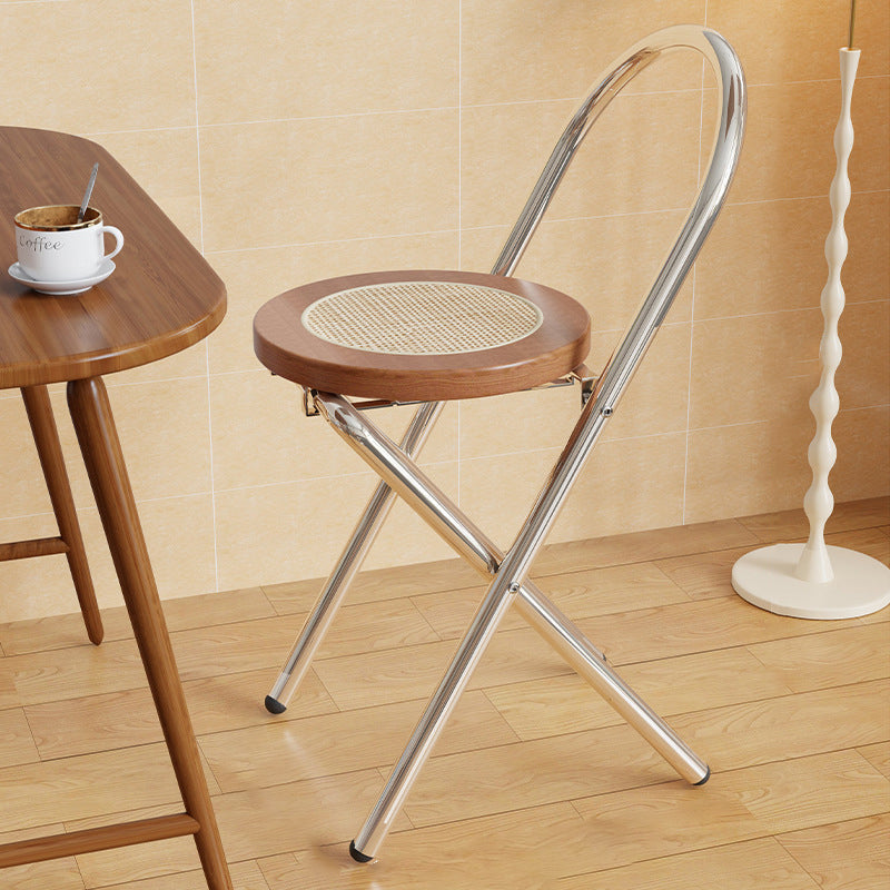 Traditional Japanese Round Arc Rattan Wood Iron Foldable Dining Chair Backrest Armless For Dining Room