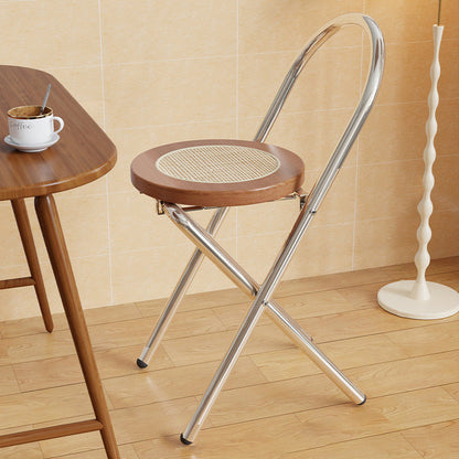 Traditional Japanese Round Arc Rattan Wood Iron Foldable Dining Chair Backrest Armless For Dining Room