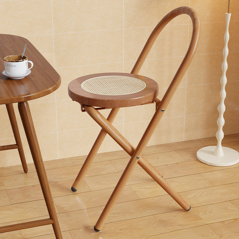 Traditional Japanese Round Arc Rattan Wood Iron Foldable Dining Chair Backrest Armless For Dining Room