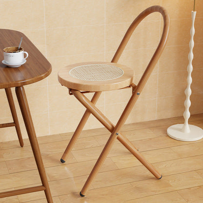 Traditional Japanese Round Arc Rattan Wood Iron Foldable Dining Chair Backrest Armless For Dining Room