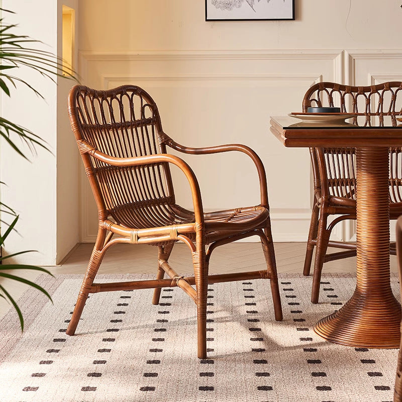 Contemporary Boho Square Rattan Weaving Ash Accent Chair Backrest Armrest For Dining Room