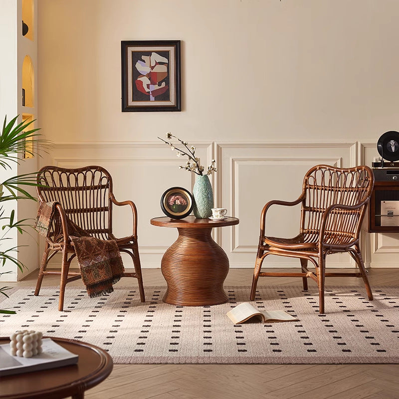 Contemporary Boho Square Rattan Weaving Ash Accent Chair Backrest Armrest For Dining Room