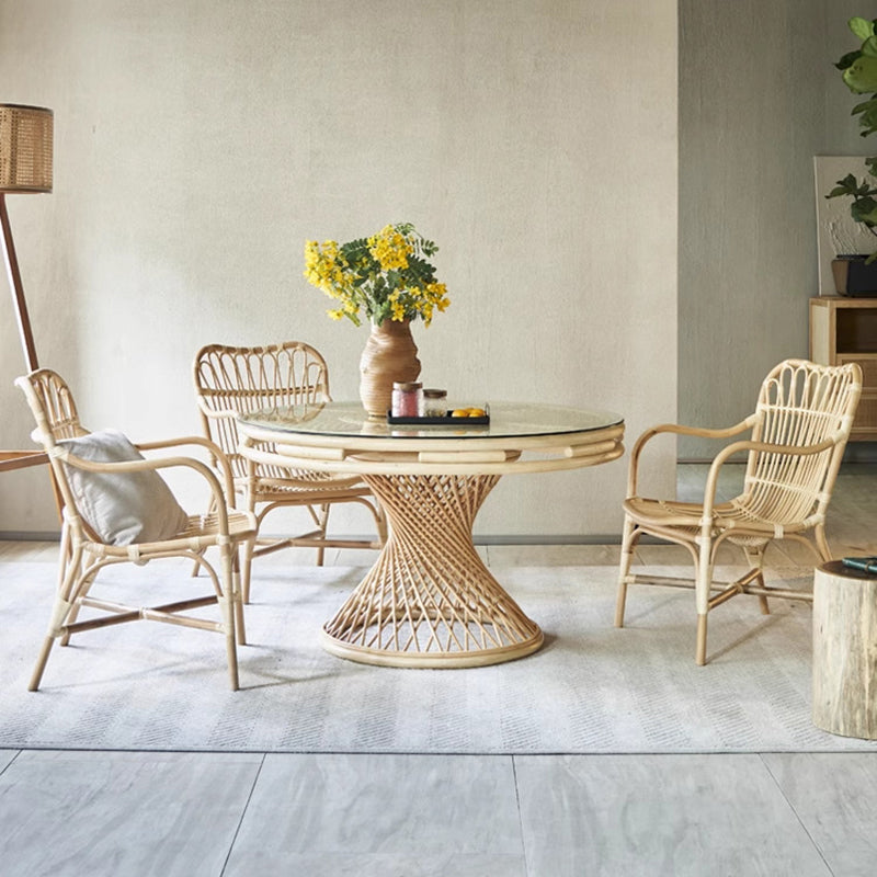 Contemporary Boho Square Rattan Weaving Ash Accent Chair Backrest Armrest For Dining Room