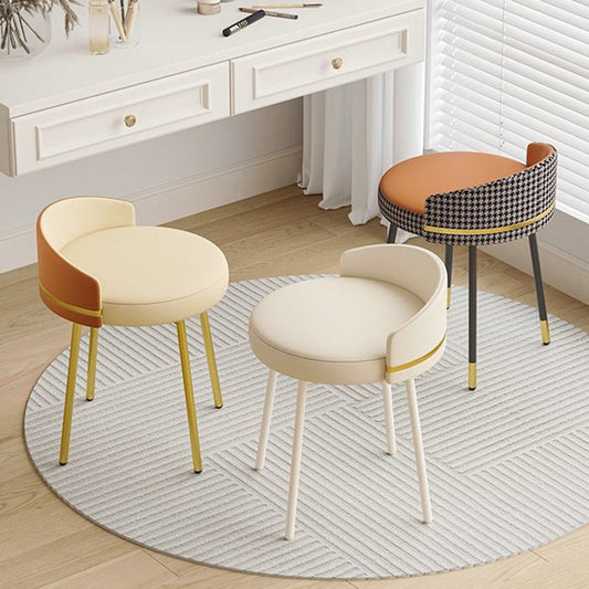 Contemporary Nordic Round Cushion Arc Back Iron Leather Cotton Linen Vanity Stool Backrest Armless For Bedroom