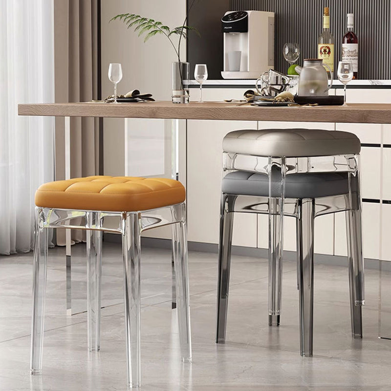 Contemporary Nordic Transparent Square PU Leather PET Dining Chair Backless Armless For Dining Room