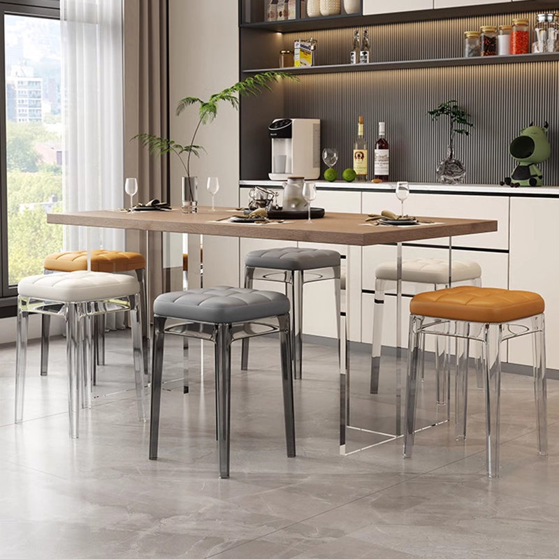 Contemporary Nordic Transparent Square PU Leather PET Dining Chair Backless Armless For Dining Room