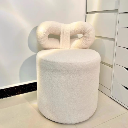 Contemporary Nordic Cream Bow Cylinder Lambswool Solid Wood Vanity Stool Backrest Armless For Bedroom