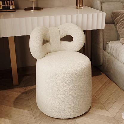 Contemporary Nordic Cream Bow Cylinder Lambswool Solid Wood Vanity Stool Backrest Armless For Bedroom