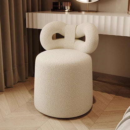 Contemporary Nordic Cream Bow Cylinder Lambswool Solid Wood Vanity Stool Backrest Armless For Bedroom