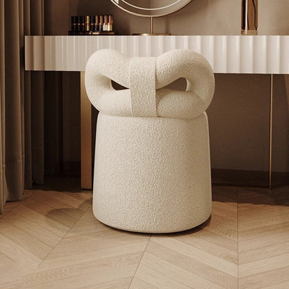 Contemporary Nordic Cream Bow Cylinder Lambswool Solid Wood Vanity Stool Backrest Armless For Bedroom