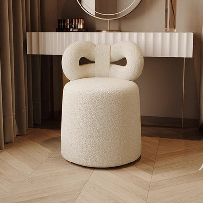 Contemporary Nordic Cream Bow Cylinder Lambswool Solid Wood Vanity Stool Backrest Armless For Bedroom