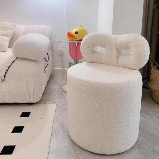 Contemporary Nordic Cream Bow Cylinder Lambswool Solid Wood Vanity Stool Backrest Armless For Bedroom