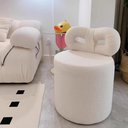 Contemporary Nordic Cream Bow Cylinder Lambswool Solid Wood Vanity Stool Backrest Armless For Bedroom