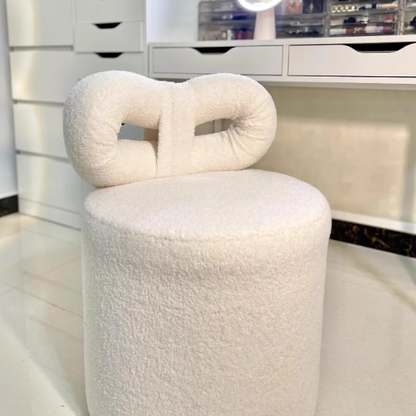 Contemporary Nordic Cream Bow Cylinder Lambswool Solid Wood Vanity Stool Backrest Armless For Bedroom