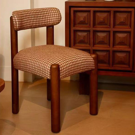 Traditional French Square Upholstered Plaid Cotton Linen Iron Dining Chair Backrest Armless For Dining Room