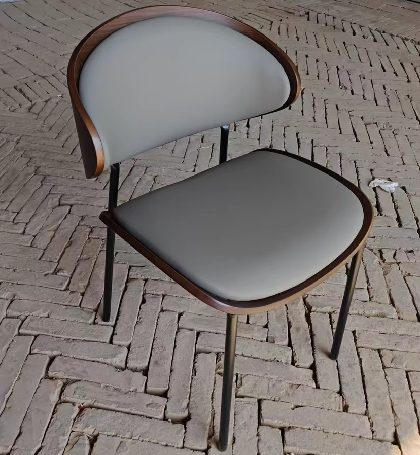 Contemporary Scandinavian Arc Faux Leather Solid Wood Carbon Steel Dining Chair Backrest Armless For Dining Room