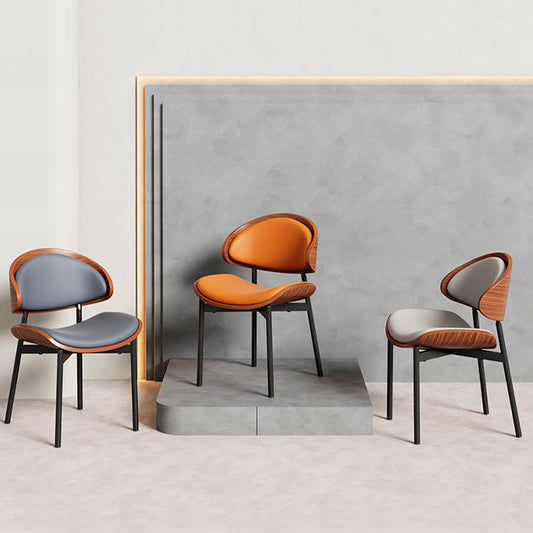 Contemporary Scandinavian Arc Faux Leather Solid Wood Carbon Steel Dining Chair Backrest Armless For Dining Room